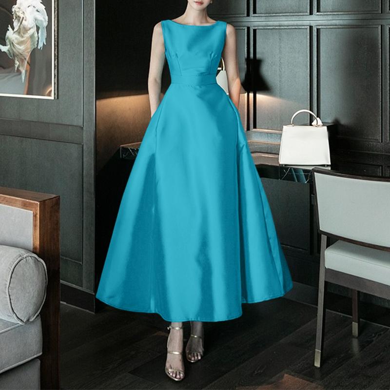 ZANZEA Women Satin Casual Round Neck Sleeveless Elegant Long Dress S синий