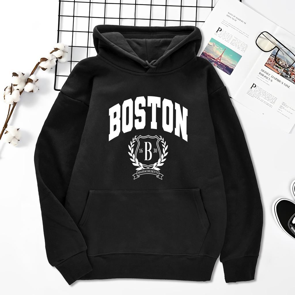 Boston Personalized Art Print Hoodie Men and Women Same Autumn and Winter Loose Hood Casual Hip Hood Street Clothing