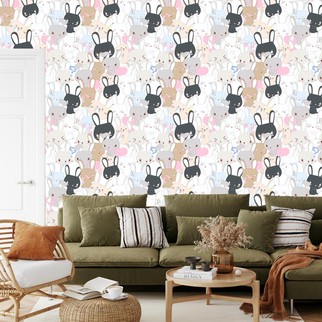 Rabbits Wallpaper On a Light Background for the Living Room and Bedroom 50x1000