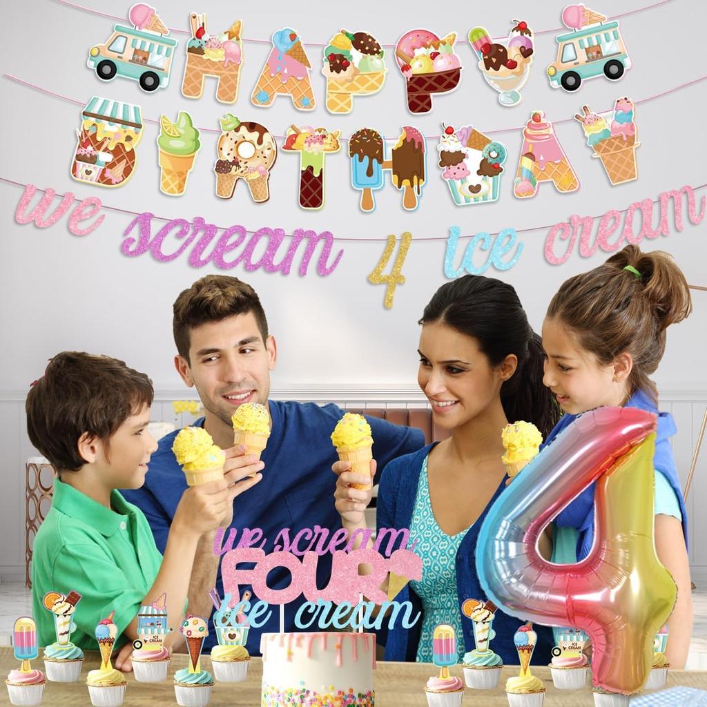 Ice Cream Birthday Party Decorations for 4 Girls Donut 4th Birthday Party Decorations We Scream 4 Ice Cream Banner Cake Topper Cupcake Toppers