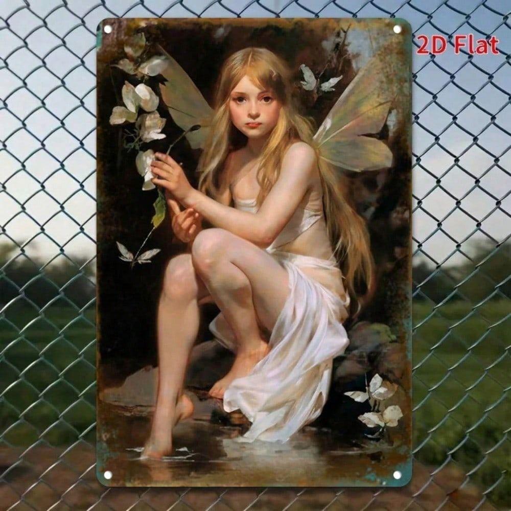 

Vintage Fairy Poster, Kneeling Nymph Metal Wall Art, Home Decor