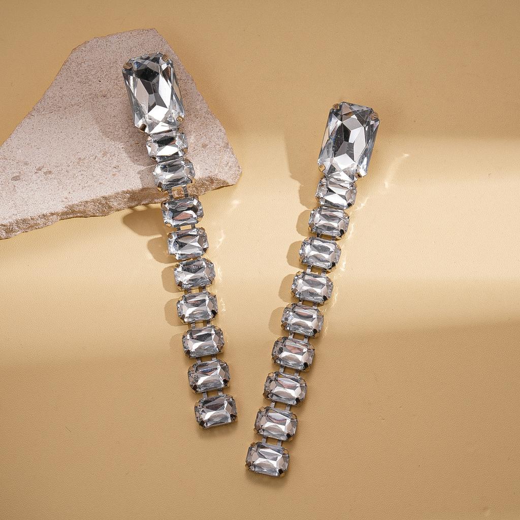 Light Luxury Acrylic Diamond-encrusted Rectangular Tassel Silver Needle Earrings Fashionable Long Temperament Earrings