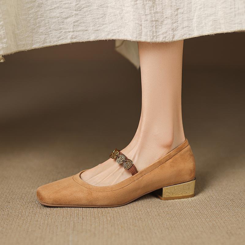 Fashion 2025 NEW Spring Women Pumps Square Toe Low Heel Shoes Sheepskin Suede Shoes for Women Concise Belt Buckle Mary Janes Shoes