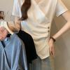 Large size design sense irregular front shoulder V-neck short-sleeved T-shirt women's summer new fat mm waist cover outer wear top