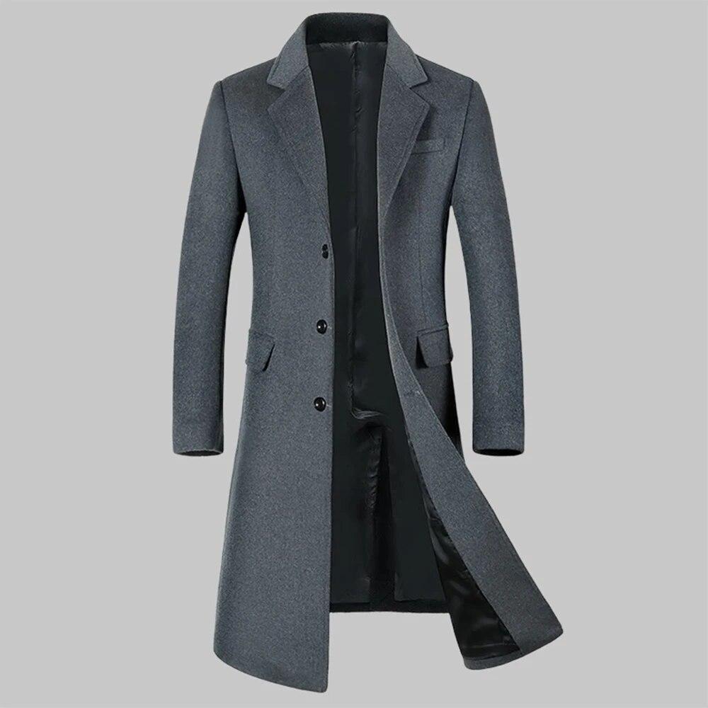 Cappotto da uomo Primavera Autunno Cappotto di lana da uomo Lungo Sopra il ginocchio Collo da abito