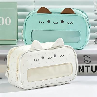 Large Capacity Cat Pen Bag Pencil Case Adorable Mint Kitten Design with Raised 3D Ear Clear Visible Front for Displaying