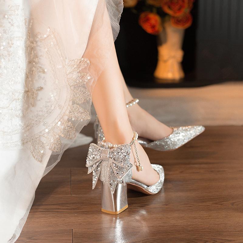 Fashion New Summer Luxury Women Pearl High Heels Chunky Heel Princess Bow High Heel Sandals Party Wedding Shoes Plus Size Zapatos Mujer