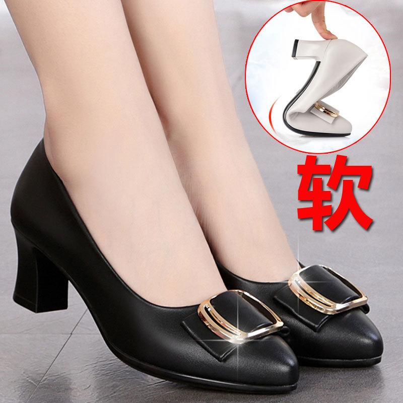 

Мода 2025 Весна и Осень Туфли-лодочки на среднем каблуке Женские для женщин среднего возраста Туфли на высоком каблуке с мягкой подошвой Кожаные для мам 35