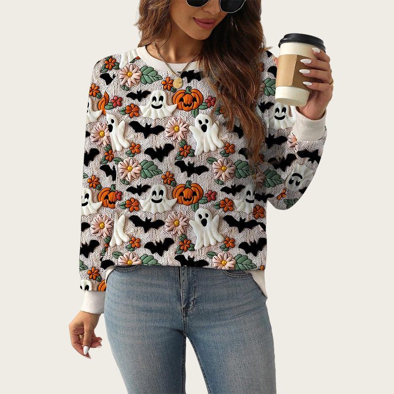 Ladies Spring Autumn Ghost Pumpkin Halloween O Neck Long Sleeve Pullover Hoodies Sweatshirt Top