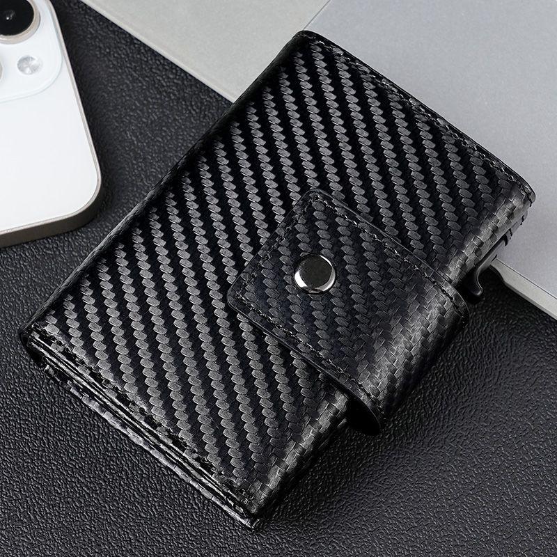 

Автоматический чехол для карт с выдвижной крышкой, мужской чехол для карт Airtag, кожаная коробка для карт, мужской кошелек, многофункциональный деловой пакет Black (Carbon Fiber Grain Leather) Real Cowhide