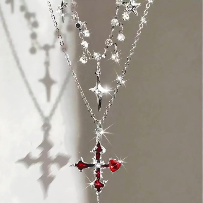 Trendy Vintage Black Star Cross Pendant Multi Layer Chain Necklace for Women Gothic Y2K Charm Jewelry Accessories Wholesale