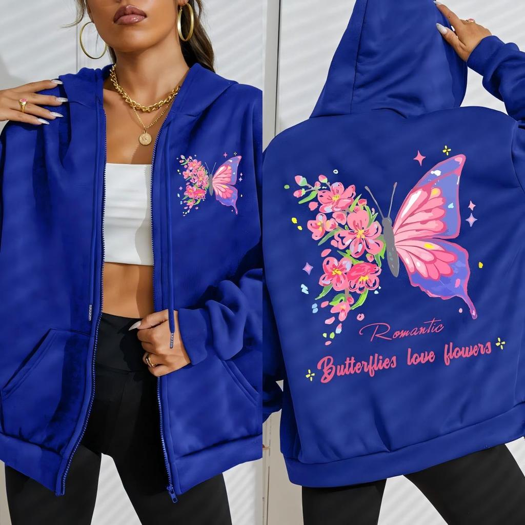 Butterflies Love Flowers Colorful Pattern Women Zipper Hoodies Y2K Loose Hoody Zip-Up Fleece Hoodie Autumn Clothing