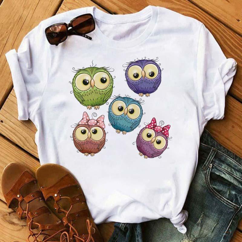Maycaur Cartoon Owl Print T Shirt Women Kawaii Graphic Shirts Casual Short Sleeved Black Female Tee O-neck Harajuku T-shirts