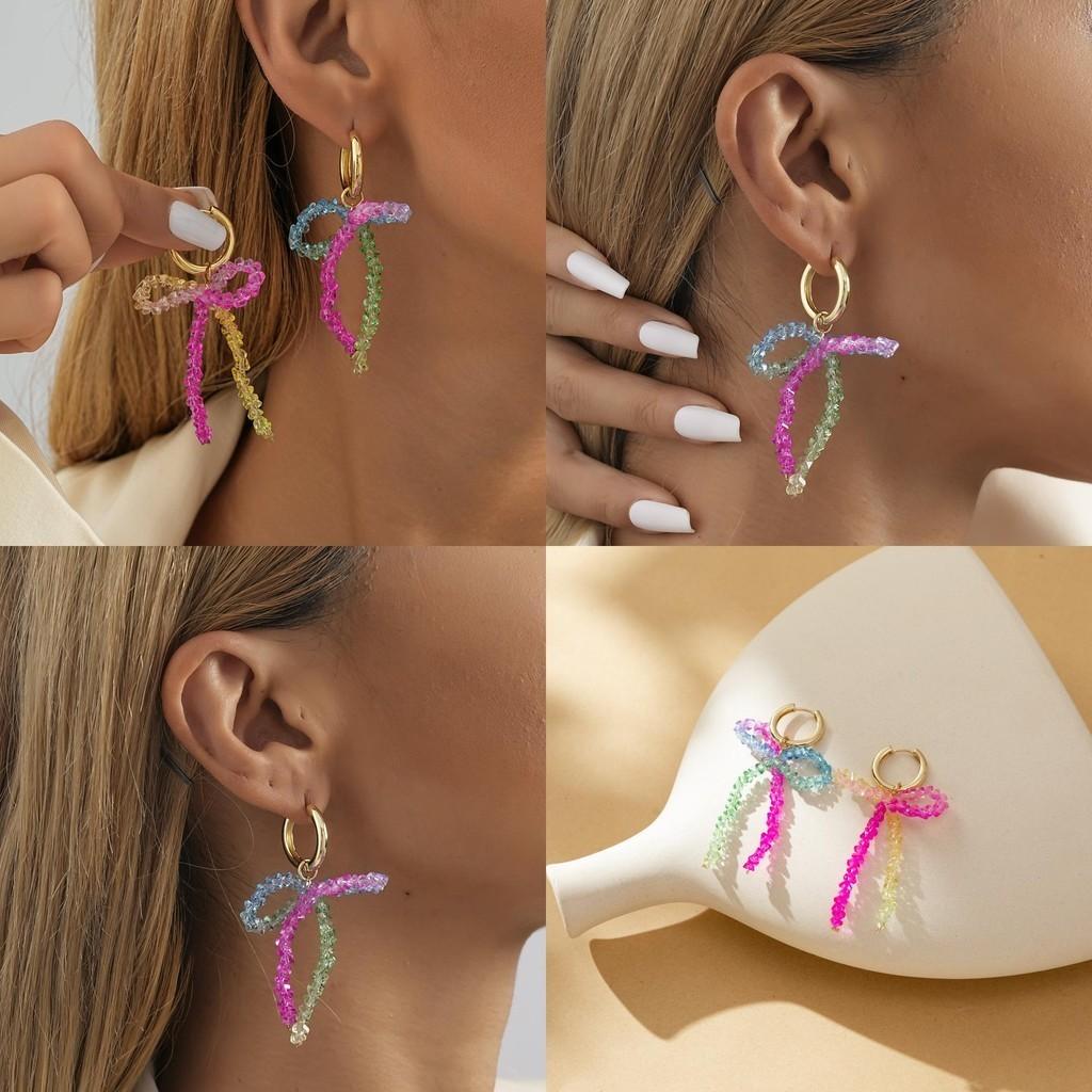 Trendy 2023 Fall Colorful Bowknot Crystal Earrings Women's Geometric Jewelry
