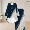 Women Plus Size Navy Blue Printed Round Neck Long Sleeve High Low Top Wide Leg Pants Two Piece Set