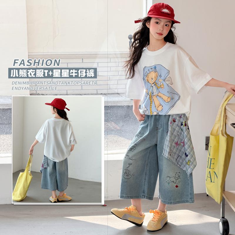 Girls' Summer Set 2026 New Style Children's Fashionable and Stylish Medium to Large Children's Loose Short sleeved Cowboy Shorts Two Piece Set