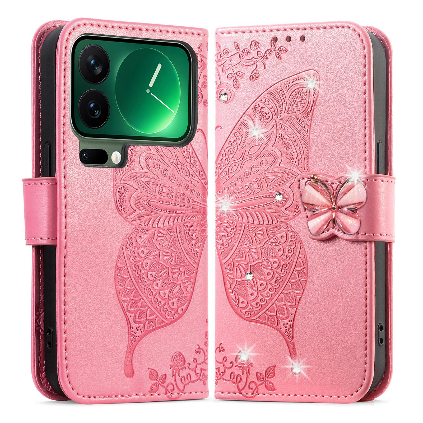 

For Xiaomi 17 Pro Max Case 3D Rhinestone Decor Butterfly Flower Leather Phone Cover with Wrist Strap