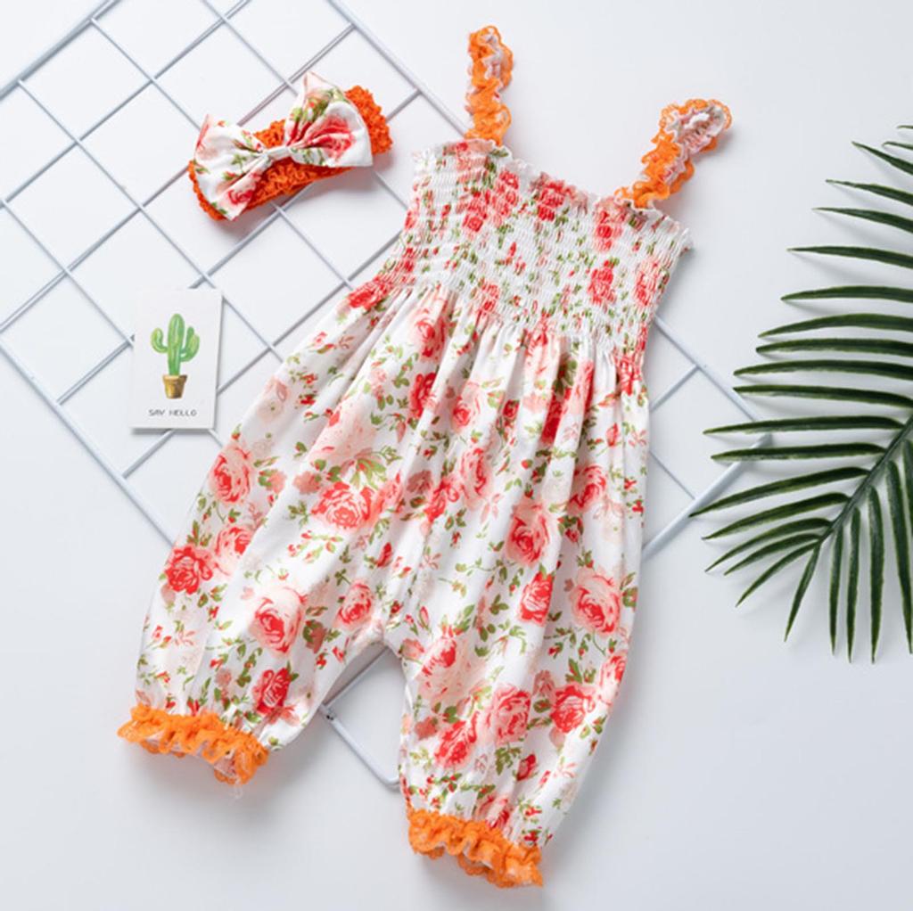 Newborn Infant Baby Girls Ruffle Floral  Romper Jumpsuit+Headband Sets