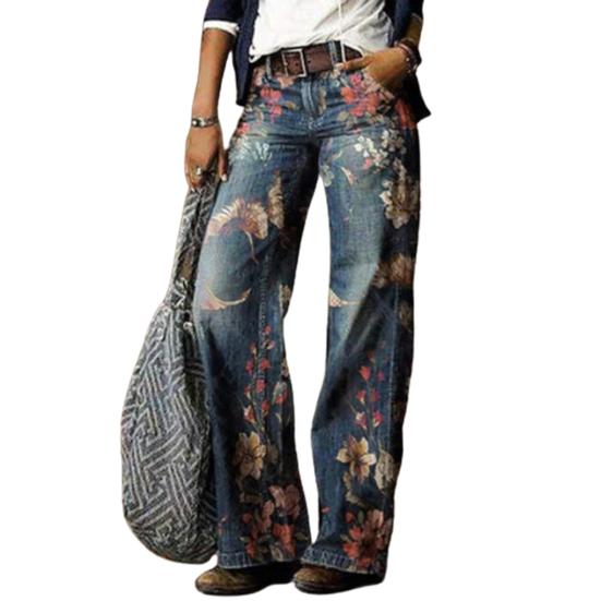 Damen Retro High Waist Wide Leg Floral Print Lange Lockere Jeans Hosen