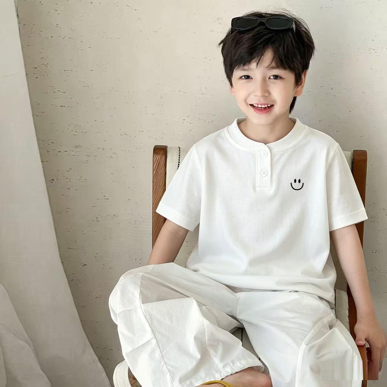 Boys Pure Cotton White Stand Collar Short Sleeve T Shirt Summer Thin Kids Half Sleeve Top 90