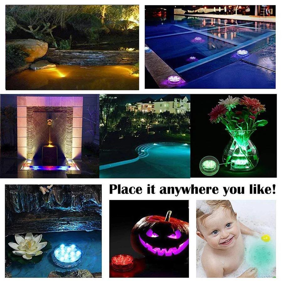 Battery Operated 10leds RGB Led Submersible Lights Underwater Night Lamp Garden Swimming Pool Lights for Wedding Party Vase Bowl