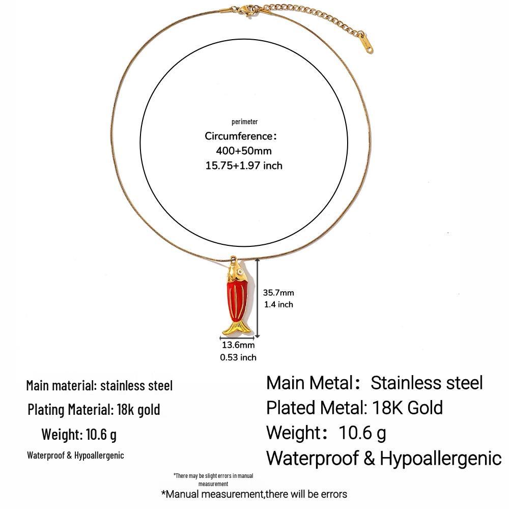 Waterproof Red Enamel Fish Pendant Necklace in Stainless and Titanium Steel with 18K Gold Plating
