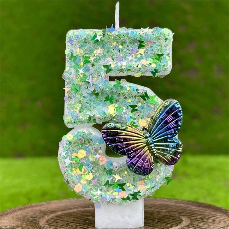 1Pc Green Sequins Number 0-9 Butterfly Cake Candles Birthday Party Decoration Favors Cupcake Topper Cake Decor Supplies