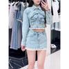 This Year's Popular Super Popular Denim Bow Design Jacket Lace Splicing High Waist A Word Short Skirt Two-piece Set