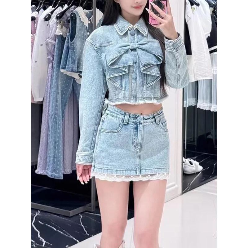 This Year's Popular Super Popular Denim Bow Design Jacket Lace Splicing High Waist A Word Short Skirt Two-piece Set