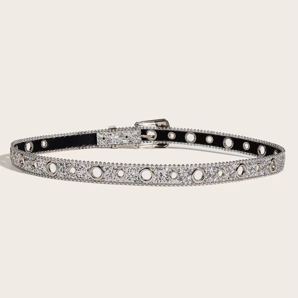Blingbling Sequined Belt Aesthetic Big Eyelet Belt Gothic Pants Belt Girl PU Waistband Female Western Cowboy Waiststrap