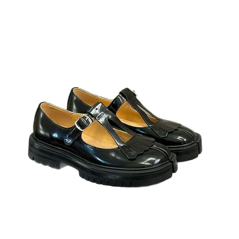 

2025 туфли с раздвоенным носком из свиной кожи M6 ретро с кисточками на толстой подошве лоферы с раздвоенным носком толстый каблук 3,5 см туфли Мэри Джейн 35