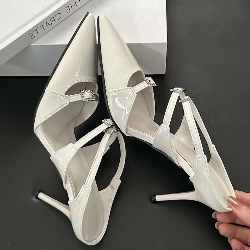 

Fashion Eilyken Sexy Patent Leather Women Slippers Pumps Sandals Designer Narrow Band Thin Heel Pointed Toe Slingback Mules Shoes 35