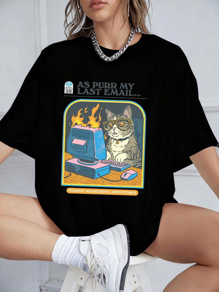 Cat Playing Computer Games Printed TShirts Womens Summer Cotton Short Sleeve T Shirt Loose ONeck Soft Tops Basic Woman Clothes