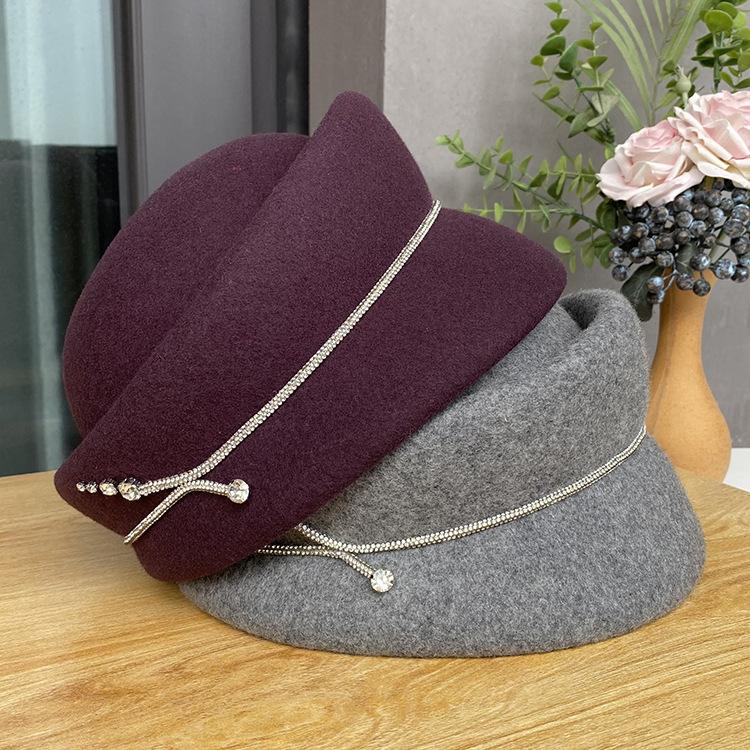 Autumn And Winter New Styling Beret Solid Color Versatile Elegant Celebrity High-End Top Hat Women'S Fashion Diamond Strip Equestrian Hat