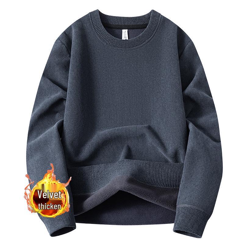 Men's Winter Warm Velvet Knit Pullover Sweater - Solid Color, Round Neck, Versatile Layer