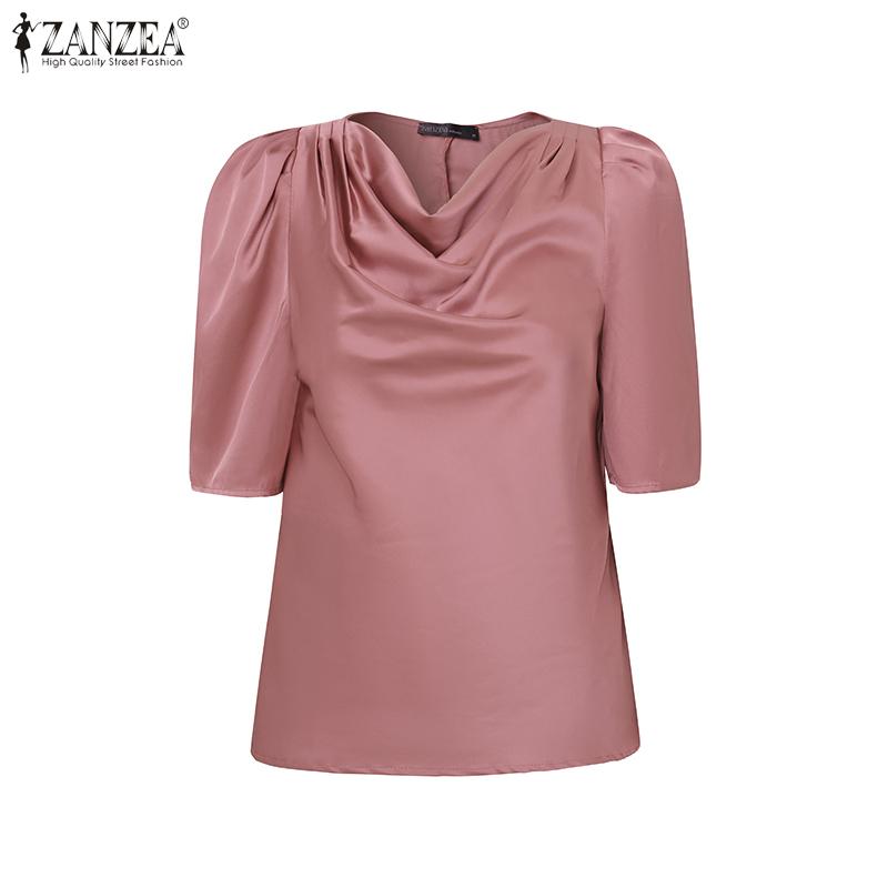 ZANZEA Damska casualowa bluzka z kołnierzem ze sztucznego futra, gładka, z krótkim rękawem