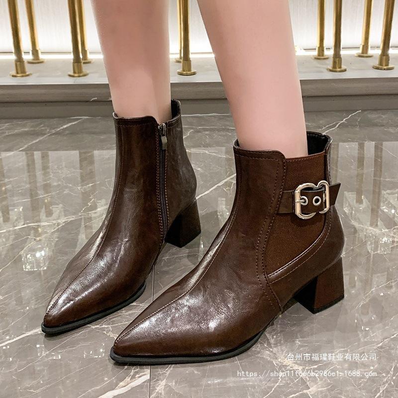 Europe, America 2025 pointed thick heel temperament fashion women's boots autumn new large size medium heel elastic short boots