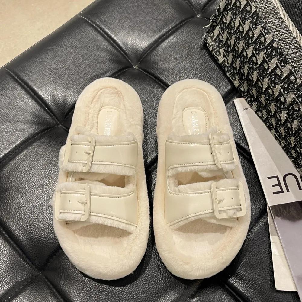 Fashion Thick Soled Hairy Slippers Women's Outdoor Wear  New Autumn and Winter Fashion Leather Buckle Plush Cotton Slippers Women Shoes