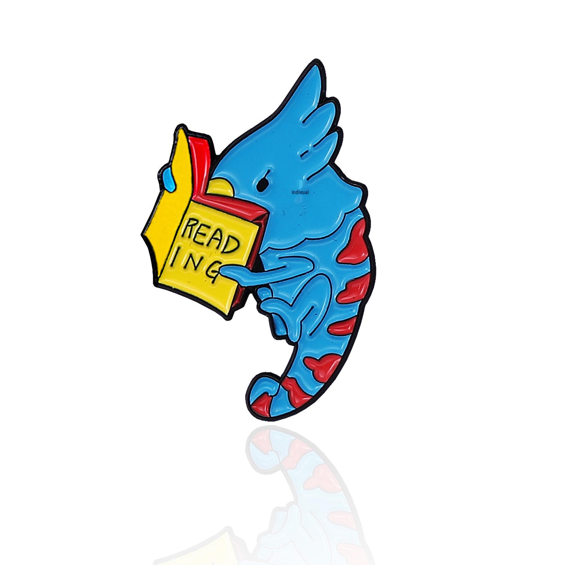 Parrot Badge: Cute Cartoon Blue Parrot Reading & Playing Guitar Brooch