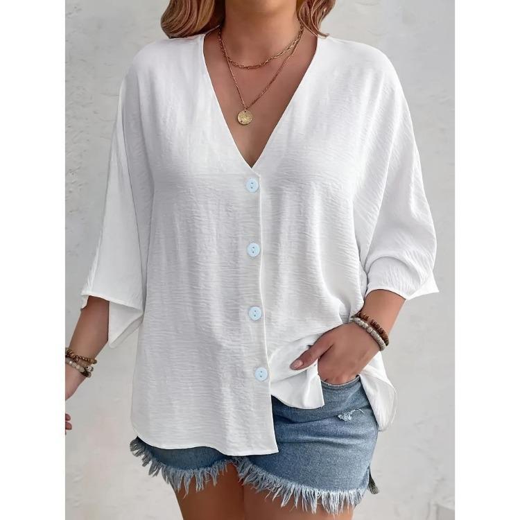 2025 New Women's Plus Size Casual V-Neck Long Sleeve T-Shirt Elegant Loose Blouse Solid Color Fashion Top for Spring Summer