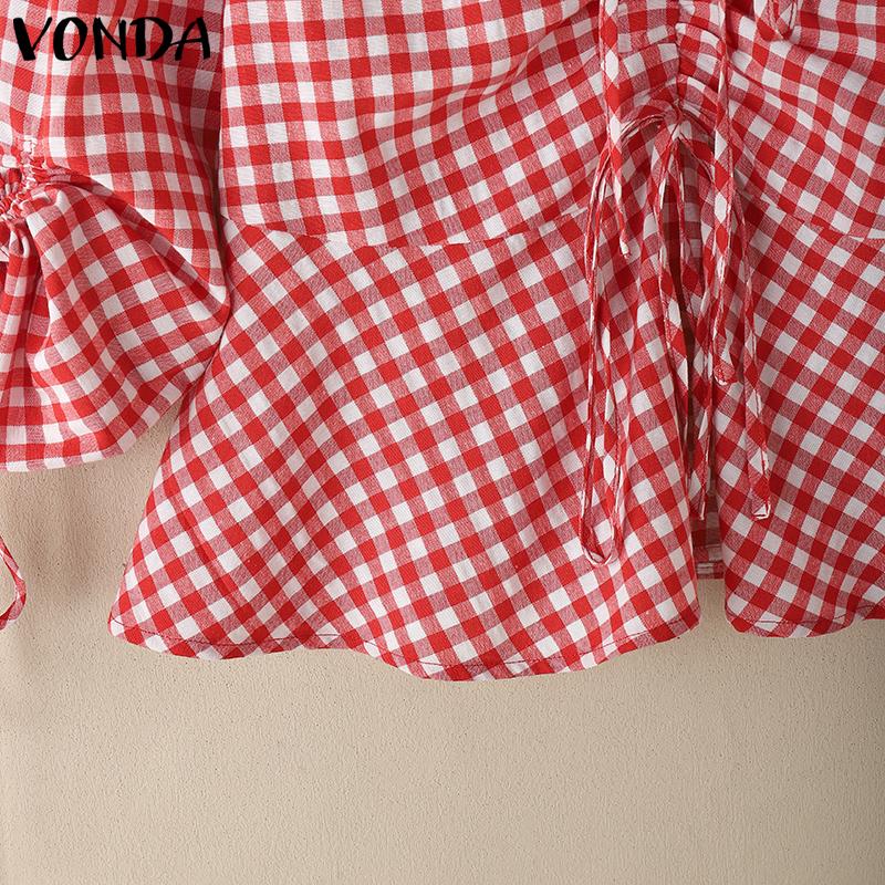 VONDA Women Summer V Neck Long Sleeve Drawstring Ruffled Plaid Casual Blouse