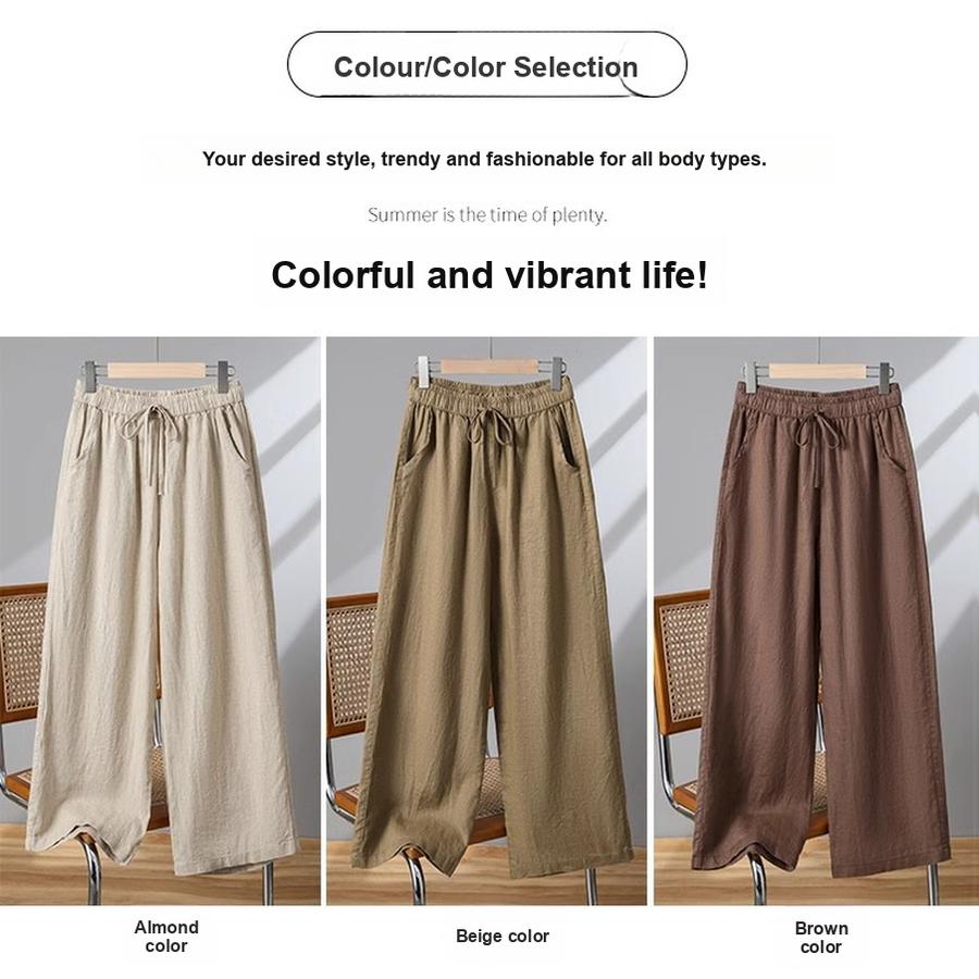 Cotton Linen Wide Leg Pants Women Spring Summer Bohemian High Waist Plus Size Linen Nine-Point Pants Drawstring Straight Leg Thin Casual Pants