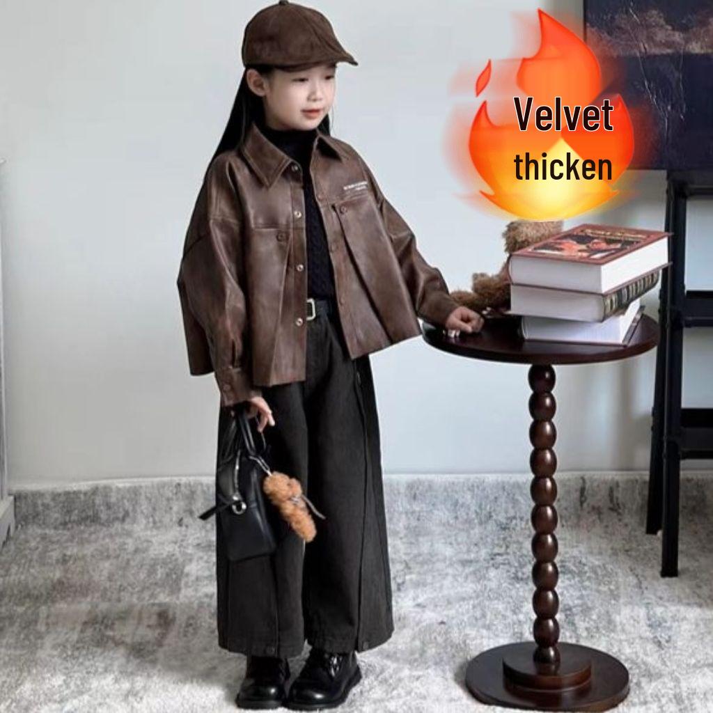 Girls' 2024 Autumn/Winter Sweet Retro Leather Jacket & Sweater Set with Wide-Leg Pants