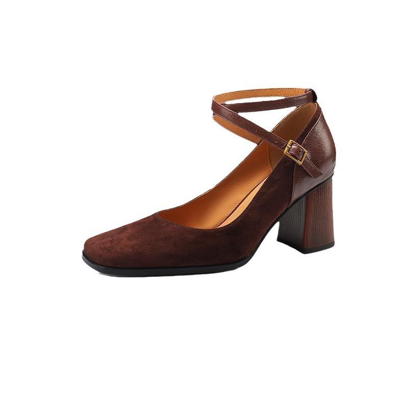 2025 new thick heel Mary Jane women's shoes French new celebrity style high heels cross strap light mouth single shoes