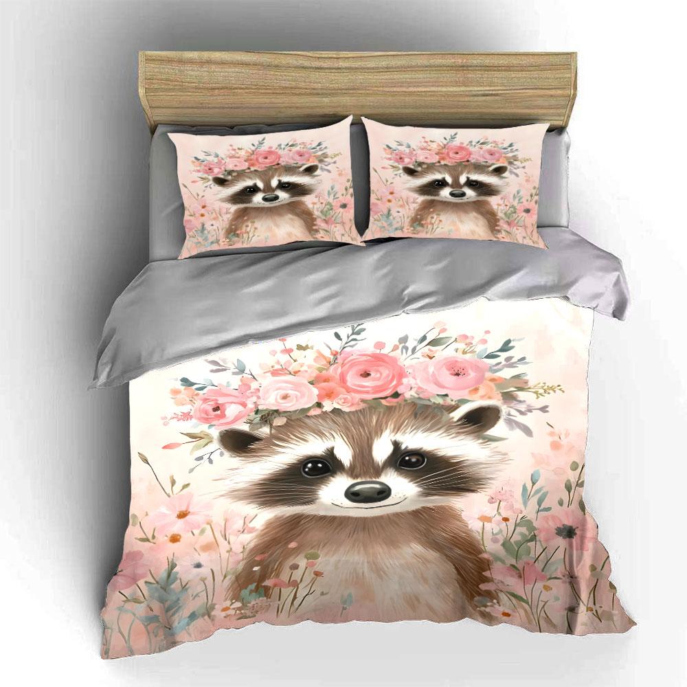 Raccoon with Floral Crown Bedding Duvet Cover Set (1*Duvet Cover 2*Pillowcases, without duvet insert)