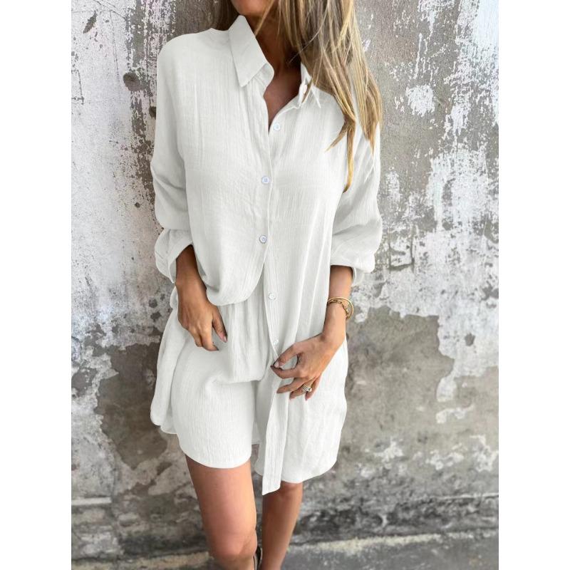 Women's Casual Solid Colour Shorts Long Sleeve Wrinkled Fabric Shirt Two Piece Set