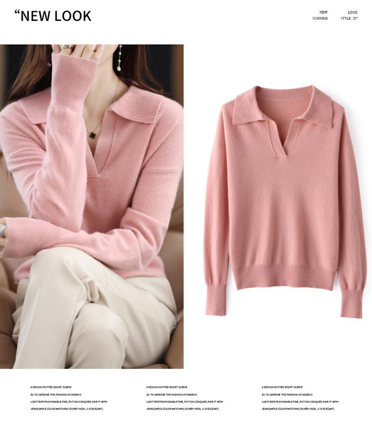 Women's Loose Polo Sweater: 100% Wool Knitwear with Soft Feel, Ideal for Autumn/Winter As Base Layer, Pure Wool Collar.