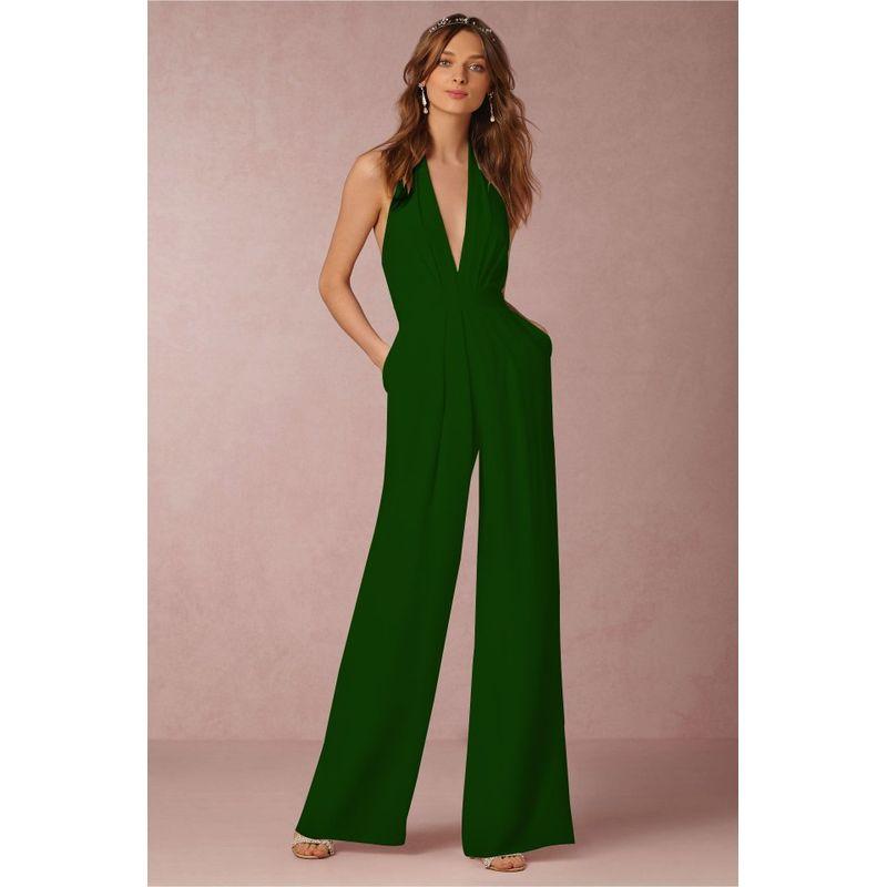 

Hanging Neck Jumpsuit Deep V Neck Pure Color Elegant Sexy Sleeveless Halter Jumpsuit Pants Women Dark green L