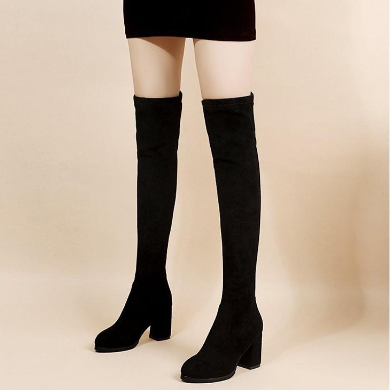 

Autumn Faux Suede Women Heels Zipper Elastic Knee High Boots Women Tube Lace-up Thigh Gigh Boots Black Botas Mujer Female 34