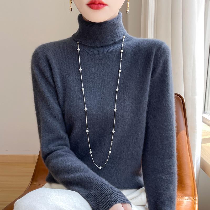 Damski sweter wełniany z wysokim dekoltem: Jesień Zima Moda Jednolity Kolor Dzianina